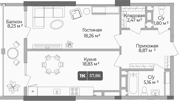 Планировка — Золотой берег. СЗ Среда, 1-комн., 55 м²
