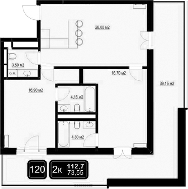 Планировка — ГК Кайрос, 3-комн., 74 м²