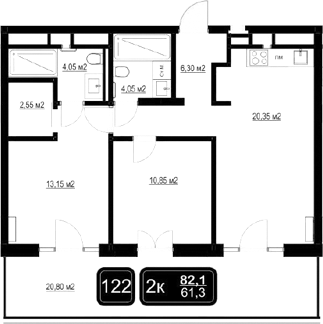 Планировка — ГК Кайрос, 3-комн., 61 м²
