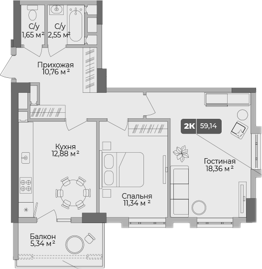 Планировка — Золотой берег. СЗ Среда, 2-комн., 58 м²