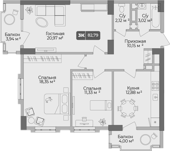 Планировка — Золотой берег. СЗ Среда, 3-комн., 80 м²