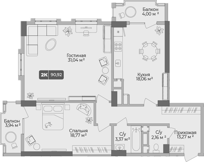 Планировка — Золотой берег. СЗ Среда, 2-комн., 89 м²