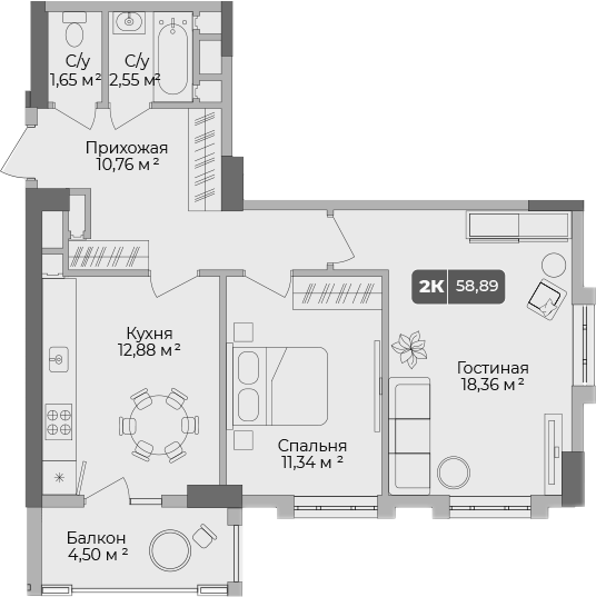 Планировка — Золотой берег. СЗ Среда, 2-комн., 58 м²