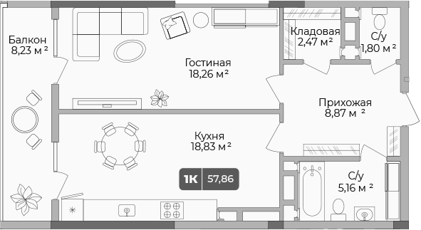 Планировка — Золотой берег. СЗ Среда, 1-комн., 55 м²