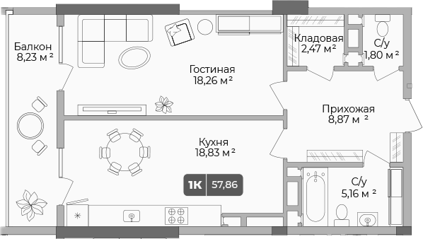 Планировка — Золотой берег. СЗ Среда, 1-комн., 55 м²