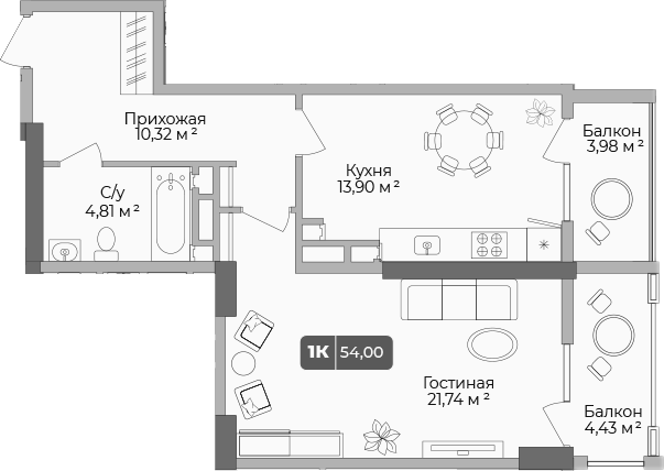 Планировка — Золотой берег. СЗ Среда, 1-комн., 51 м²