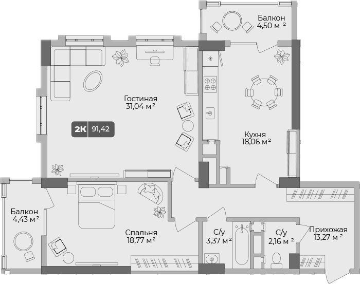 Планировка — Золотой берег. СЗ Среда, 2-комн., 89 м²