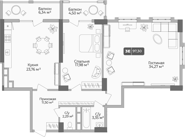 Планировка — Золотой берег. СЗ Среда, 2-комн., 94 м²