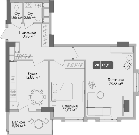 Планировка — Золотой берег. СЗ Среда, 2-комн., 64 м²