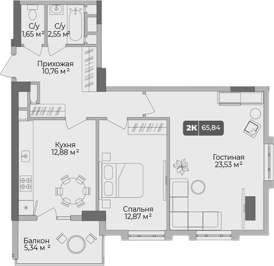 Планировка — Золотой берег. СЗ Среда, 2-комн., 64 м²