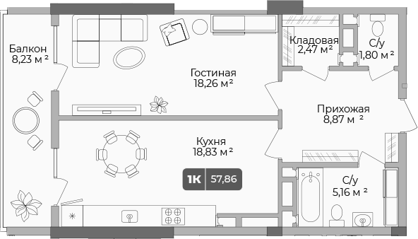 Планировка — Золотой берег. СЗ Среда, 1-комн., 55 м²