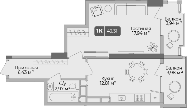 Планировка — Золотой берег. СЗ Среда, 1-комн., 41 м²