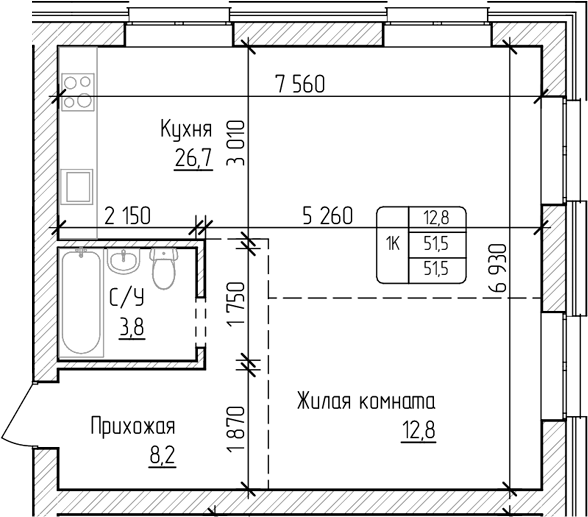 Планировка — Изумруд. Барнаул, 1-комн., 52 м²