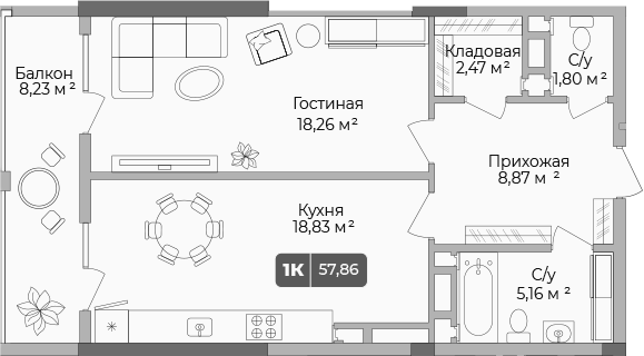 Планировка — Золотой берег. СЗ Среда, 1-комн., 55 м²