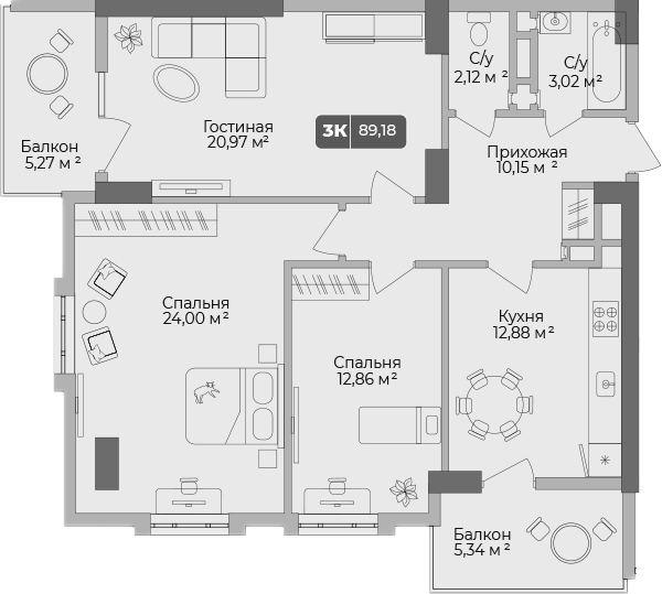 Планировка — Золотой берег. СЗ Среда, 3-комн., 86 м²