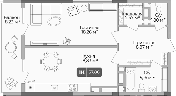 Планировка — Золотой берег. СЗ Среда, 1-комн., 55 м²