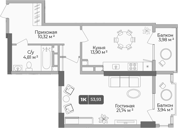 Планировка — Золотой берег. СЗ Среда, 1-комн., 52 м²
