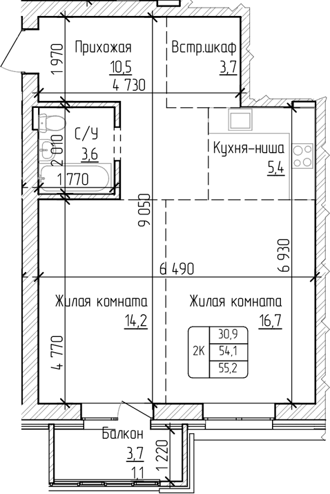 Планировка — Изумруд. Барнаул, 1-комн., 54 м²