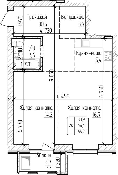 Планировка — Изумруд. Барнаул, 1-комн., 54 м²