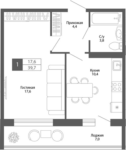 Планировка — Родина, 1-комн., 36 м²
