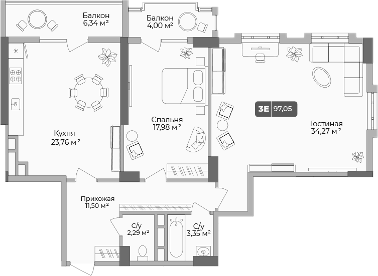 Планировка — Золотой берег. СЗ Среда, 2-комн., 94 м²