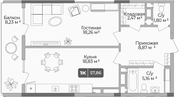 Планировка — Золотой берег. СЗ Среда, 1-комн., 55 м²