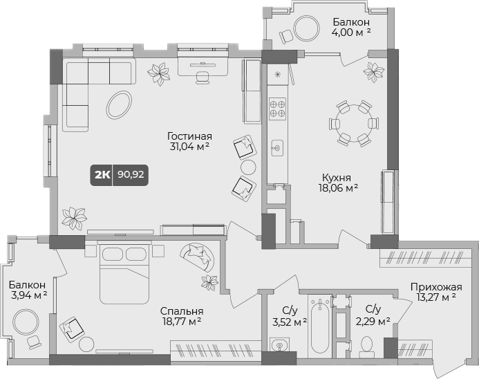 Планировка — Золотой берег. СЗ Среда, 2-комн., 89 м²