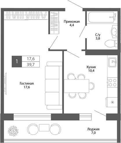 Планировка — Родина, 1-комн., 36 м²