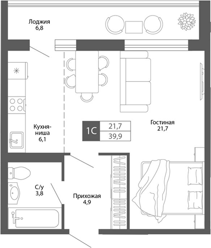 Планировка — Родина, Студия, 37 м²