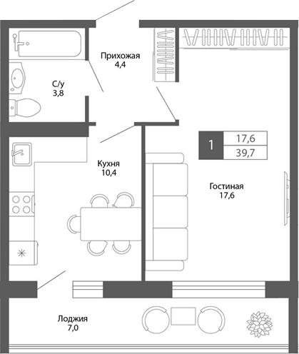 Планировка — Родина, 1-комн., 36 м²