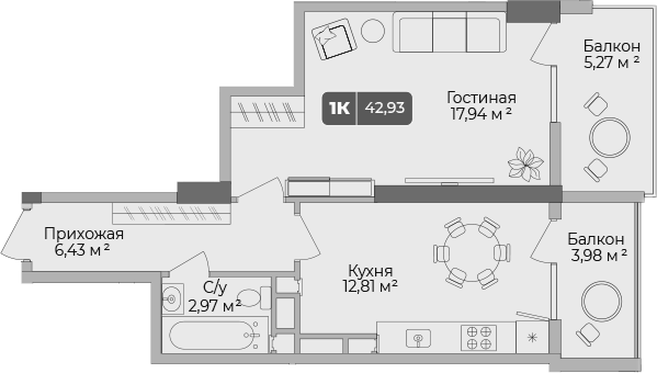 Планировка — Золотой берег. СЗ Среда, 1-комн., 40 м²