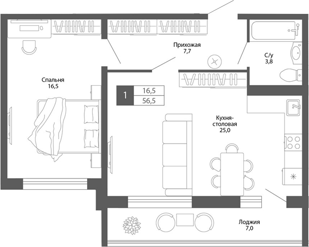 Планировка — Родина, 1-комн., 53 м²