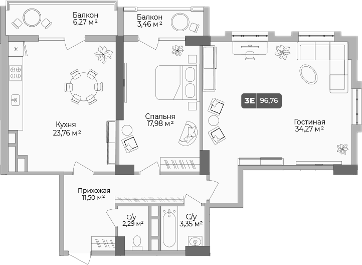 Планировка — Золотой берег. СЗ Среда, 2-комн., 94 м²