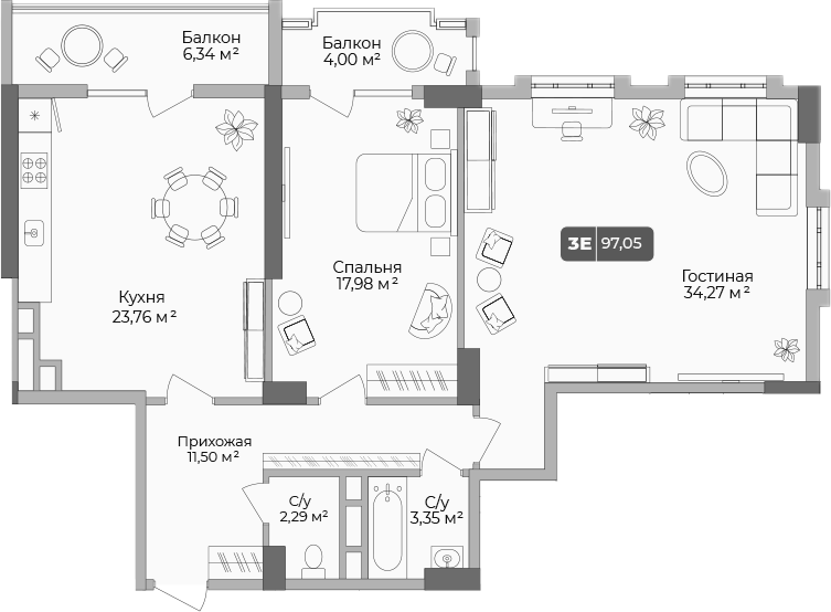Планировка — Золотой берег. СЗ Среда, 2-комн., 94 м²
