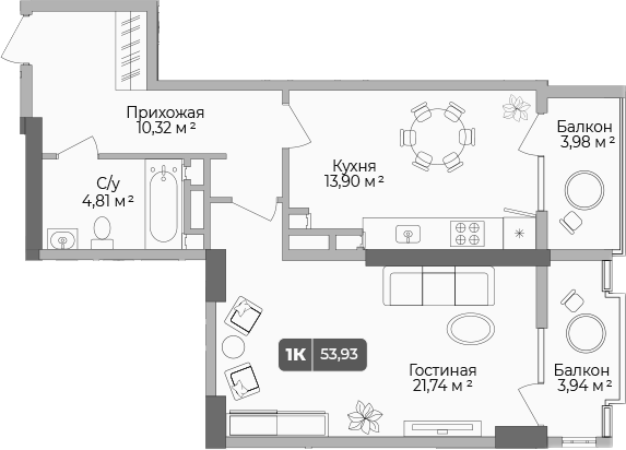 Планировка — Золотой берег. СЗ Среда, 1-комн., 52 м²
