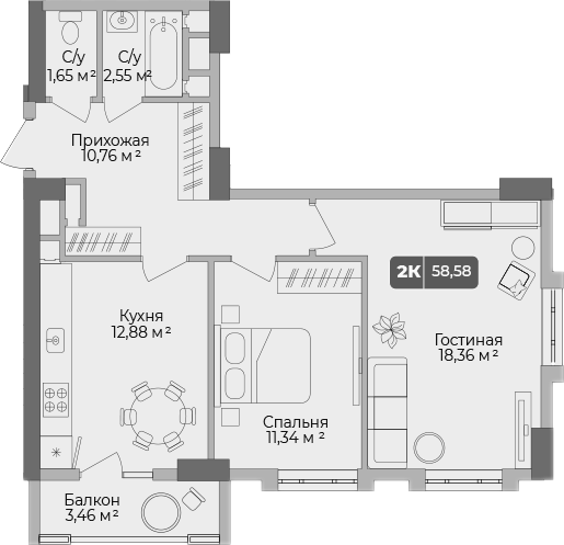 Планировка — Золотой берег. СЗ Среда, 2-комн., 58 м²