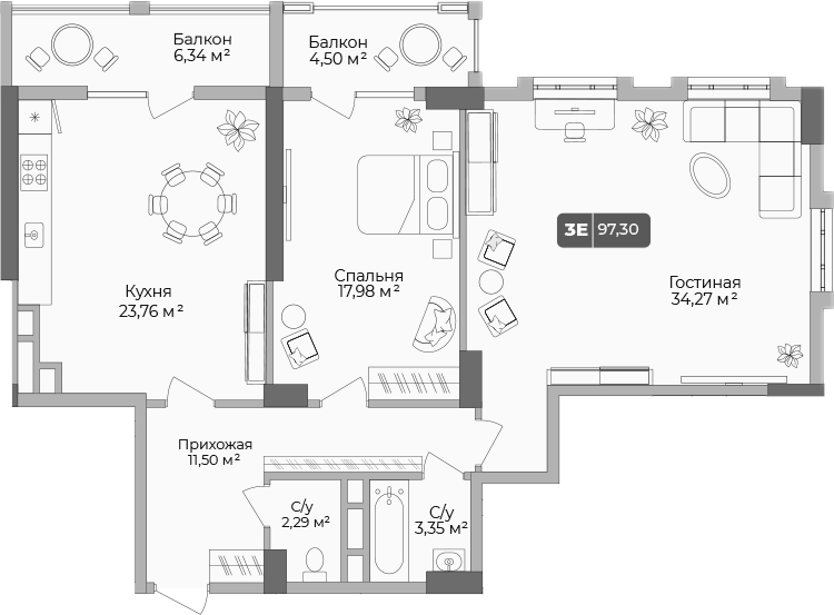 Планировка — Золотой берег. СЗ Среда, 2-комн., 94 м²