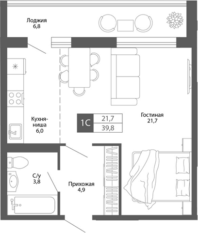 Планировка — Родина, Студия, 36 м²