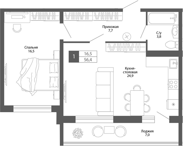 Планировка — Родина, 1-комн., 53 м²