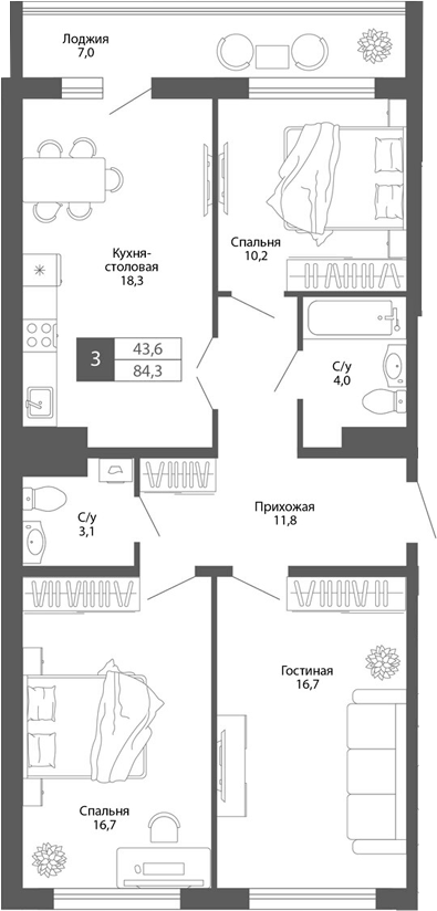 Планировка — Родина, 3-комн., 81 м²