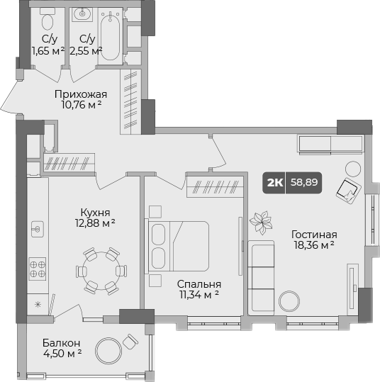 Планировка — Золотой берег. СЗ Среда, 2-комн., 58 м²