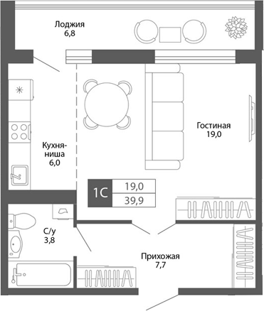 Планировка — Родина, Студия, 37 м²