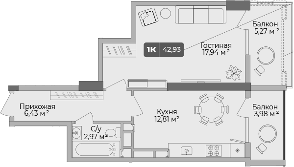 Планировка — Золотой берег. СЗ Среда, 1-комн., 52 м²