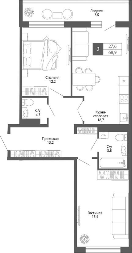 Планировка — Родина, 2-комн., 65 м²