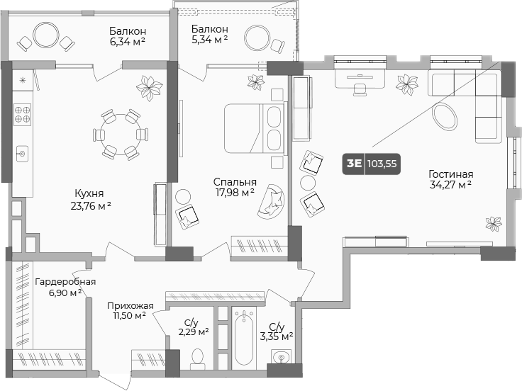 Планировка — Золотой берег. СЗ Среда, 2-комн., 100 м²