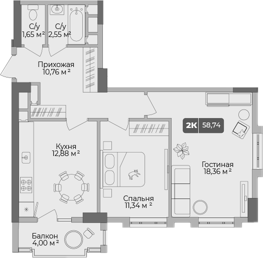 Планировка — Золотой берег. СЗ Среда, 2-комн., 58 м²