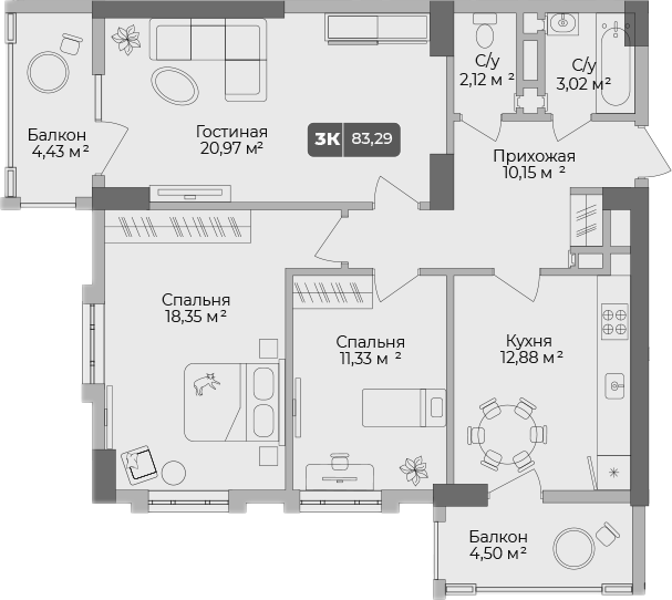 Планировка — Золотой берег. СЗ Среда, 3-комн., 80 м²