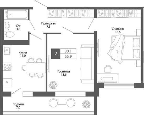 Планировка — Родина, 2-комн., 52 м²