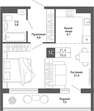 Планировка — Родина, Студия, 36 м²