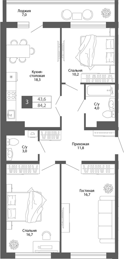 Планировка — Родина, 3-комн., 81 м²